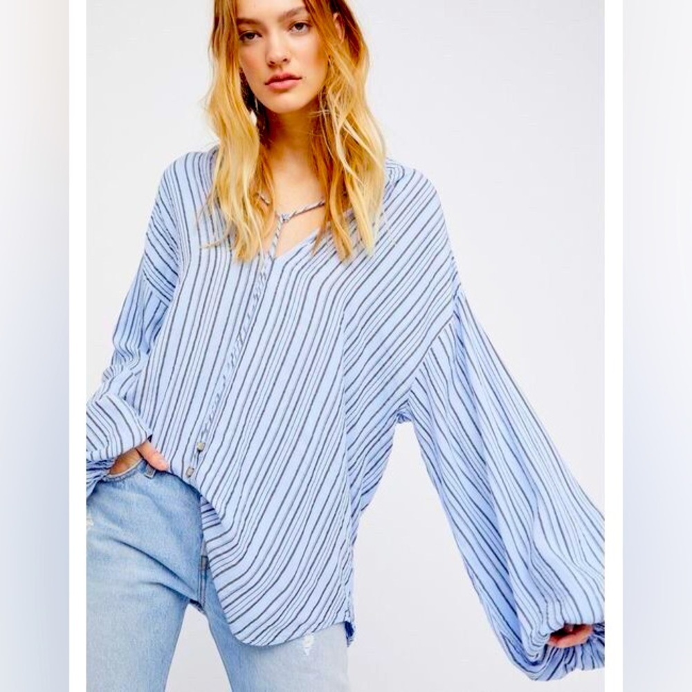 Free People Rhythm of the Night Tunic Blue Bell Striped Bishop Sleeve